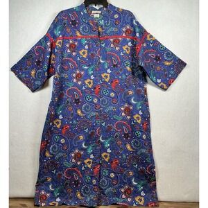 Vintage 1980s Smart Time Paisley Snap Front Shirt/House Dress Blue USA Large